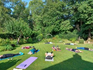 Ladies enjoying yoga on the lawn in the sunshine